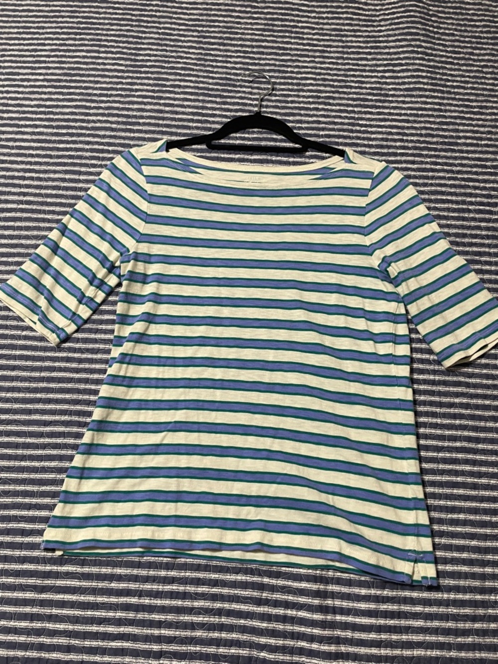 J. Crew cotton stripe elbow sleeve painter tee ivory purple green medium M